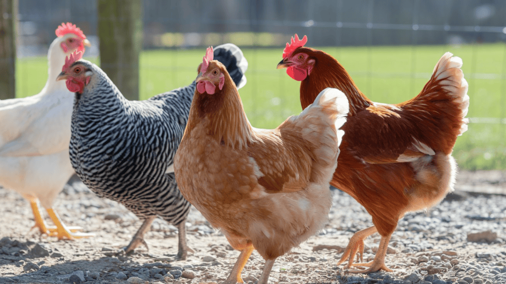 A Cinnamon Queen chicken, Rhode Island Red chicken, Plymouth Rock chicken, and Leghorn chicken outside on a sunny day.