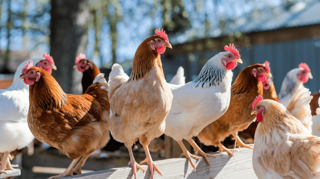 Cinnamon Queen Chickens among a flock of other chicken breeds outside on a sunny day.