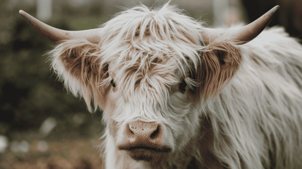 Close-up shot of an adorable fluffy mini baby highland cow's adorable face and long eyelashes.