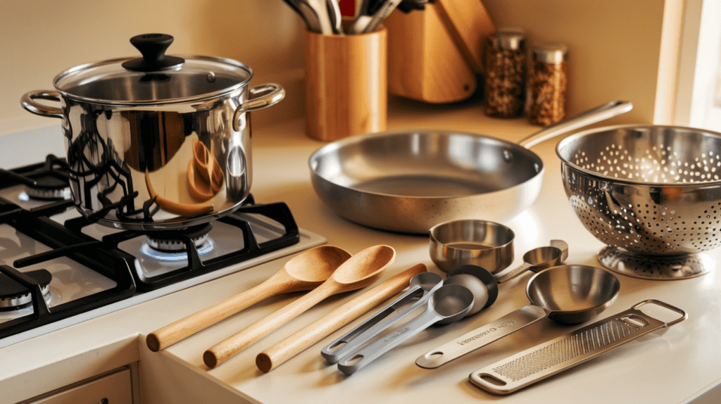 A warmly lit kitchen with all the necessary kitchen tools and equipment for preparing chicken alfredo. There is a 6-quart stainless steel pot on the stove, a 12-inch stainless steel skillet on the counter, and a wooden spoon, tongs, heavy-duty stainless steel measuring cups and spoons, a Microplane grater, and a stainless steel colander on the counter. The background is clean and organized.