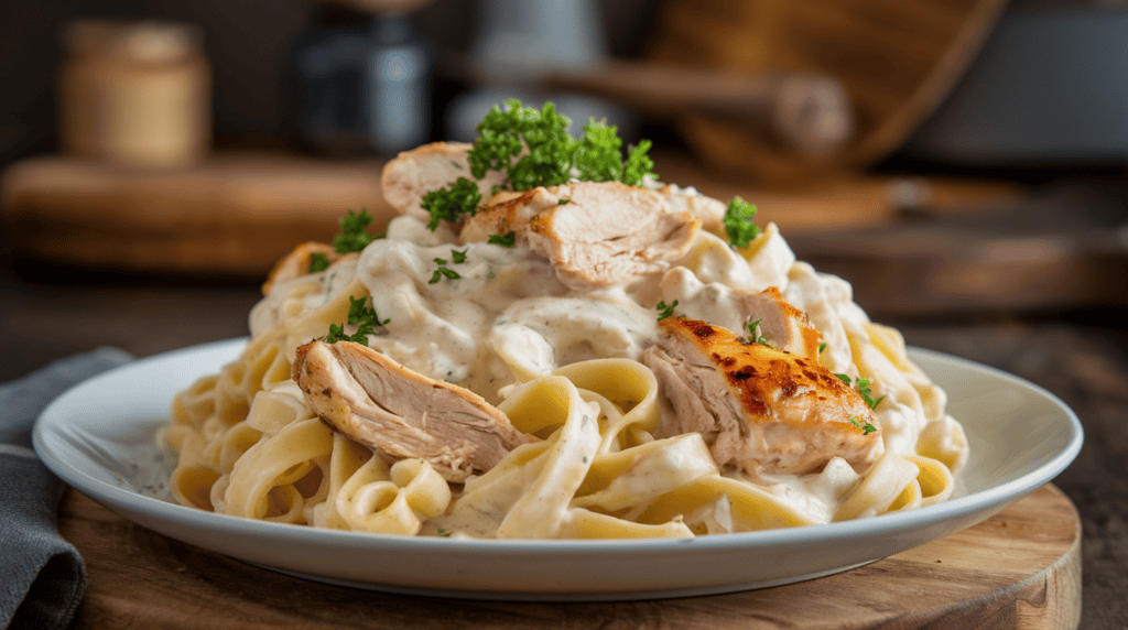 A dish of creamy Chicken Alfredo. There's a large pile of fettuccine pasta covered in a creamy, white sauce. Tender, grilled chicken pieces are scattered throughout the dish. The pasta is garnished with fresh, green parsley. The dish is served on a white plate and is placed on a wooden board. The background is blurred, showing a rustic kitchen with a few items.