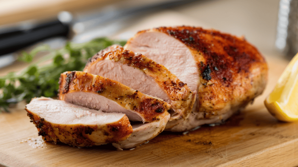 A sliced juicy chicken breast with a crispy brown exterior. The chicken is resting on a wooden cutting board. There are green herbs and a lemon wedge beside the chicken. The background is blurred and contains a few kitchen utensils.