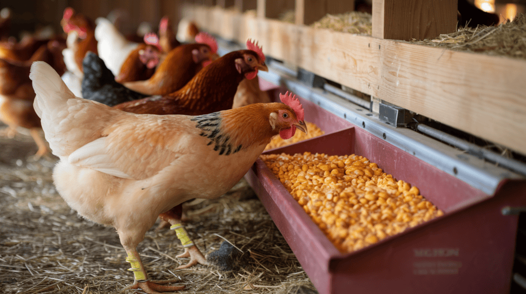 Chickens easting from a chicken feeder in a barn.