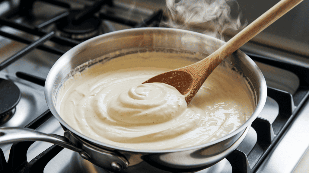 A creamy alfredo sauce gently simmering in a stainless steel pan on a stove. The sauce is a white color and has a creamy texture. Steam is rising from the sauce, and there is a wooden spoon in the sauce. The background is clean and simple.