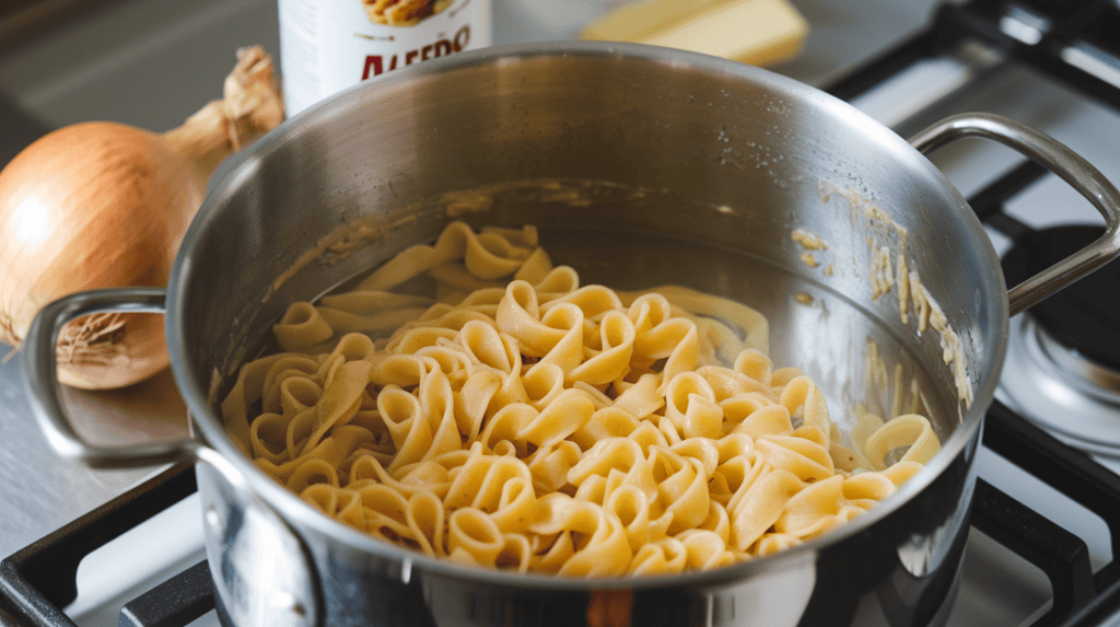A pot of water on a stove. Inside the pot, there's cooked fettuccine pasta. There's an onion sitting beside the pot. The background contains a few ingredients, like a can of Alfredo sauce and a stick of butter.