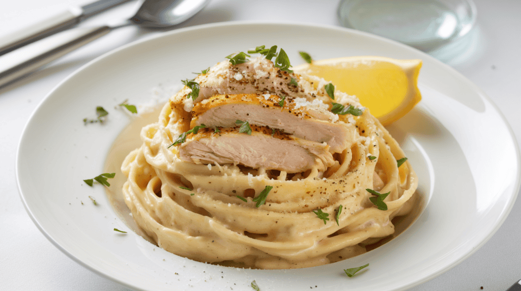 A plate of chicken alfredo. The pasta is twirled and it's garnished with a few nice pieces of cooked chicken on top. The top is also garnished with a sprinkle of parmesan, freshly cracked pepper, and some chopped fresh parsley. On the side of the plate is a small wedge of lemon. The background is simple, with a white tablecloth and a few utensils.