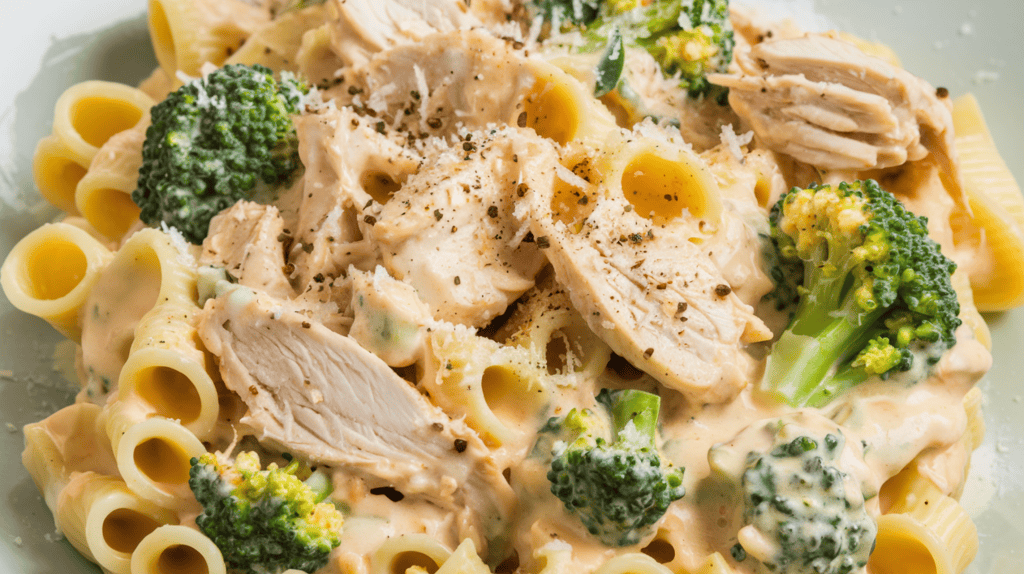 A plate of delicious chicken alfredo with broccoli florets incorporated into the sauce. The pasta is cooked al dente and is generously coated with the creamy sauce. The sauce is also filled with tender chicken pieces. The broccoli florets add a pop of green and a hint of bitterness to the rich sauce. The pasta is garnished with grated parmesan cheese and black pepper.