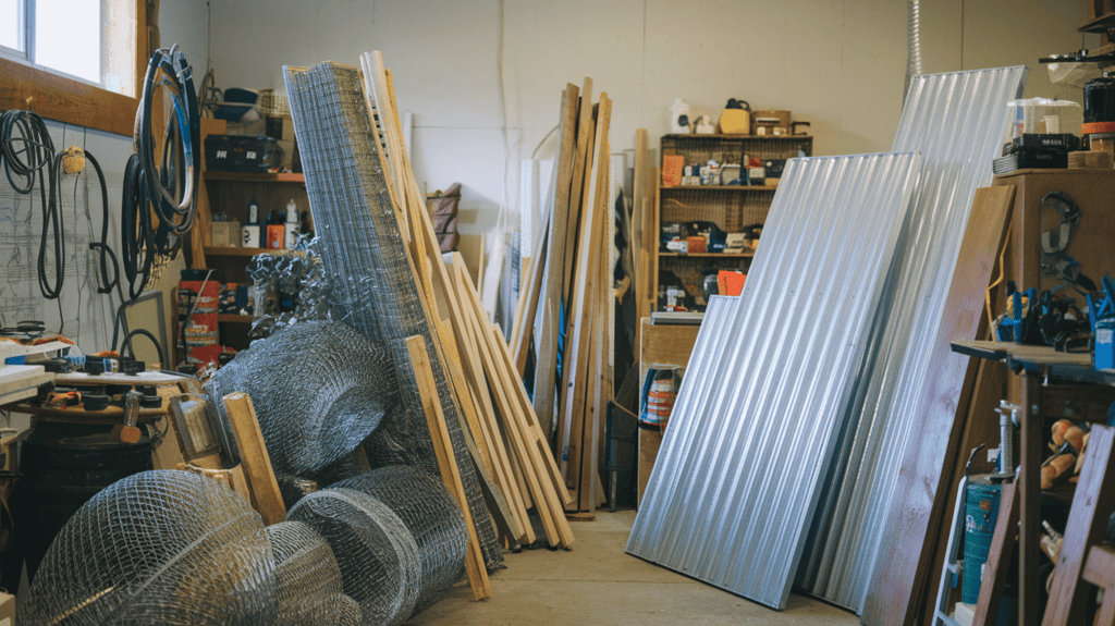 A shop filled with materials such as chicken wire, pressure-treated 4x4s, corrugated polycarbonate panels, and stainless steel gate hinges. There are various tools and equipment scattered around the shop. The walls are painted white.