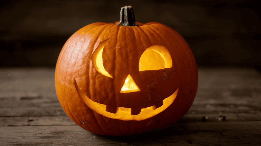 A jack-o-lantern with one crescent eye and a very small line for a mouth. The pumpkin is placed on a wooden surface. The background is dark.