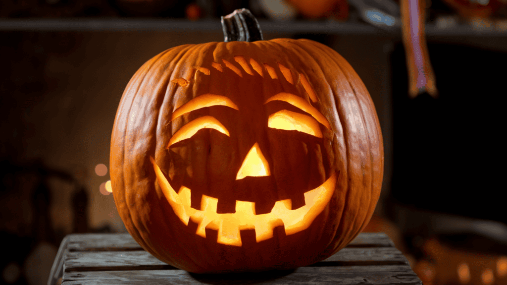 A jack-o-lantern with Barack Obama's face carved into it. The pumpkin is placed on a wooden platform. The background is dark, with a few decorations.