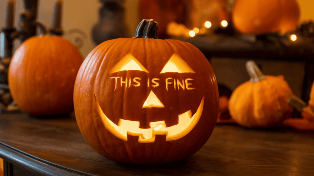 A jack-o-lantern with the "This Is Fine" dog meme carved into it. The pumpkin is placed on a wooden table. In the background, there are more pumpkins and a few decorative items. The overall image has a warm, orange hue.