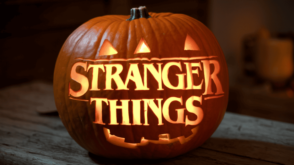 A jack-o-lantern with the text "Stranger Things" carved into it. The pumpkin is placed on a wooden surface. The background is dark.