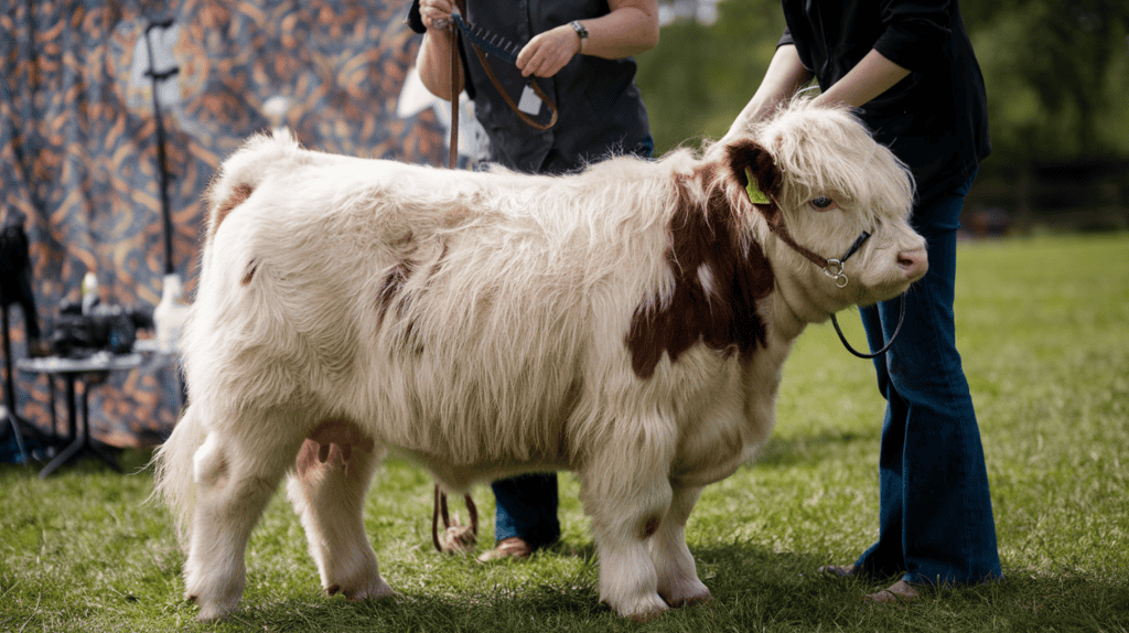 Behind-the-scenes image of an adorable fluffy mini highland cow getting primped for the spotlight.