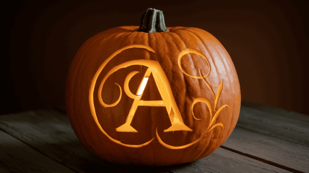 A jack-o-lantern with a serif letter "A" carved into it. The pumpkin is placed on a wooden surface. The background is dark. The pumpkin has a green stem. There are flourishes around the letter "A."