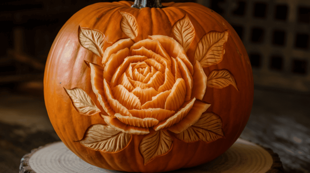 A jack-o-lantern with an intricate floral design. The pumpkin has been carved to reveal a detailed flower and leaves, with each petal and leaf carefully shaped. The pumpkin sits on a wooden base. The background is dark.