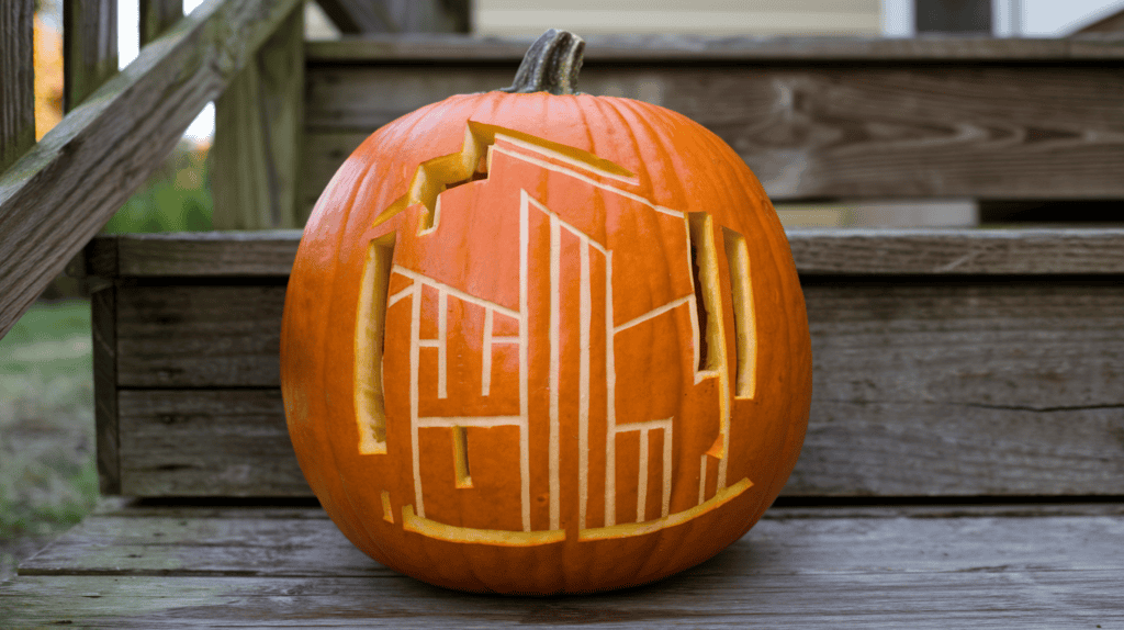 A jack-o-lantern with an architectural design carved into it. The design includes structures with straight edges, partial cuts for windows, and details. The jack-o-lantern is placed on a wooden step. The background contains a fence and a house.