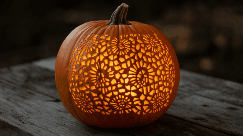 A glowing pumpkin with an intricate lace pattern carved into it. The pumpkin is placed on a wooden surface. The background is dark.