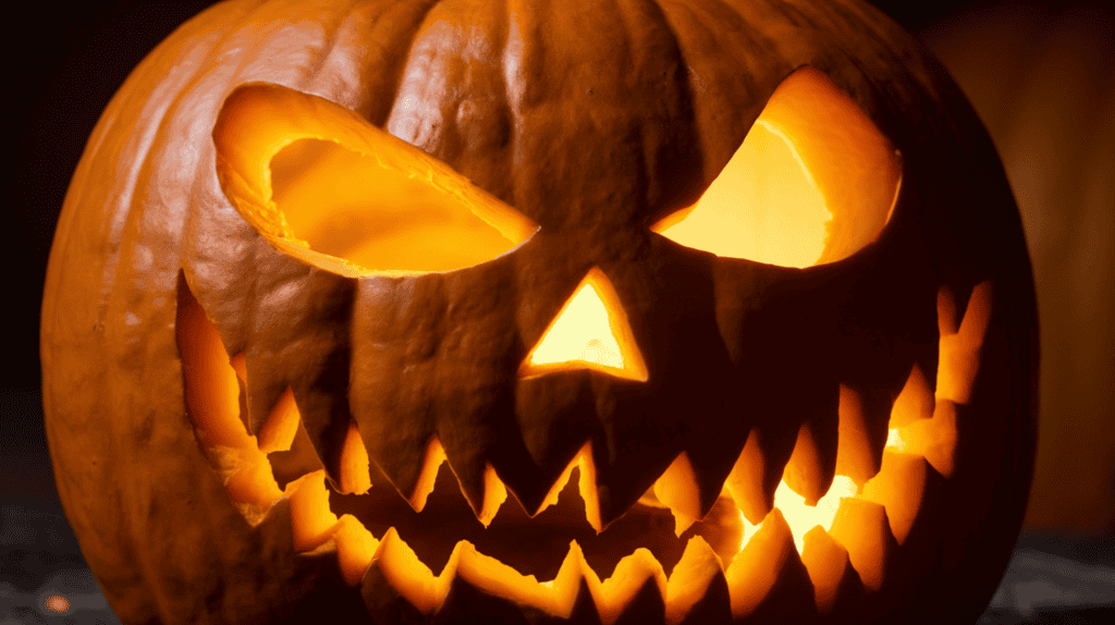 A terrifying jack-o-lantern with curved, almond-shaped eyes tilted slightly downward, with one eye slightly larger than the other. The pumpkin is carved with a sinister grin and has a jagged, toothy mouth with lots of sharp teeth. The background is dark.