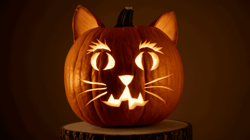 A carved pumpkin with a cat face illuminated by a soft light. The pumpkin is placed on a wooden base. The carved cat has large, expressive eyes and thick whiskers. The background is dark.