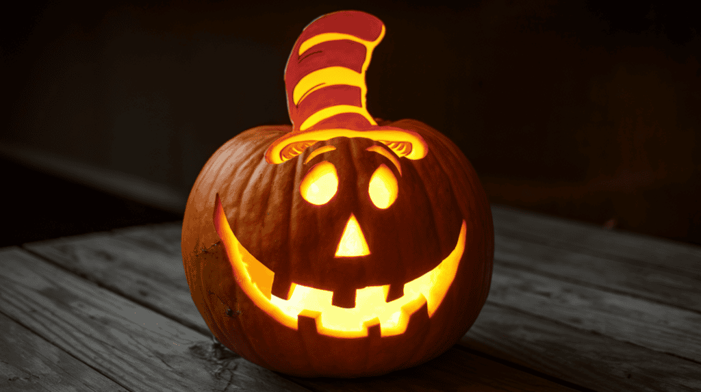 A glowing pumpkin carved into the Cat in the Hat character. The pumpkin is placed on a wooden surface. The background is dark.