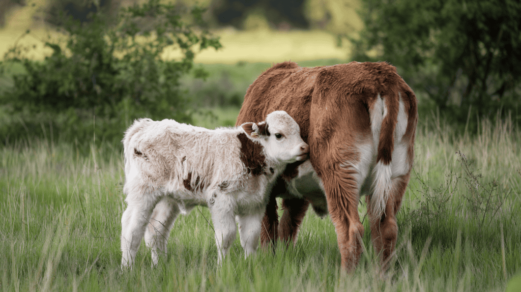 Heart-melting photo of a fluffy calf nuzzling its mother.
