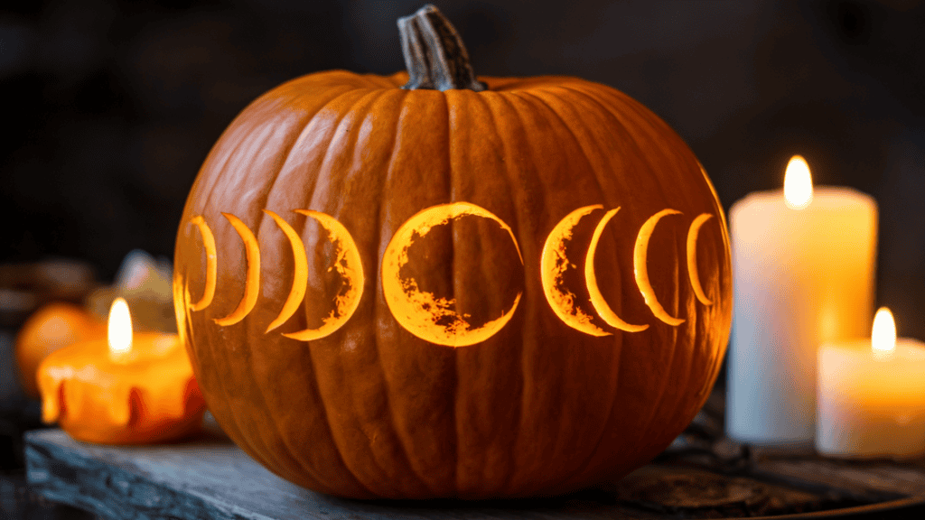 A glowing pumpkin with the phases of the moon carved into it. The pumpkin is placed on a wooden surface. There are orange and white candles next to the pumpkin. The background is dark.