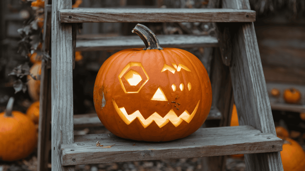 A jack-o'-lantern with hexagon eyes, a diamond-shaped nose, a zigzag mouth, and small square accents. The pumpkin is placed on a wooden ladder in a rustic setting. The background contains a few other pumpkins and some foliage.