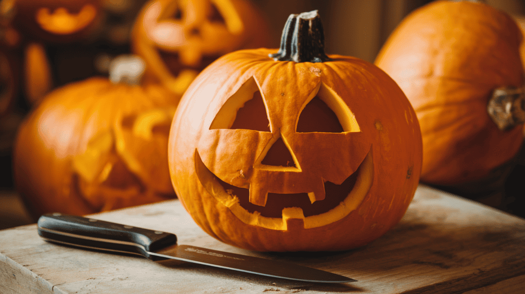 A knife lying beside a pumpkin on a wooden surface. The pumpkin has a carved face. The background contains more pumpkins, some of which are carved. The lighting is warm.