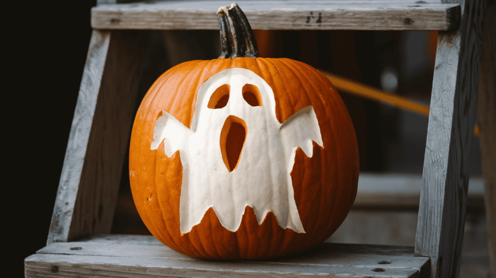 A pumpkin carved into the shape of a ghost. The ghost has been painted white. The pumpkin is placed on a wooden ladder. The background is dark.