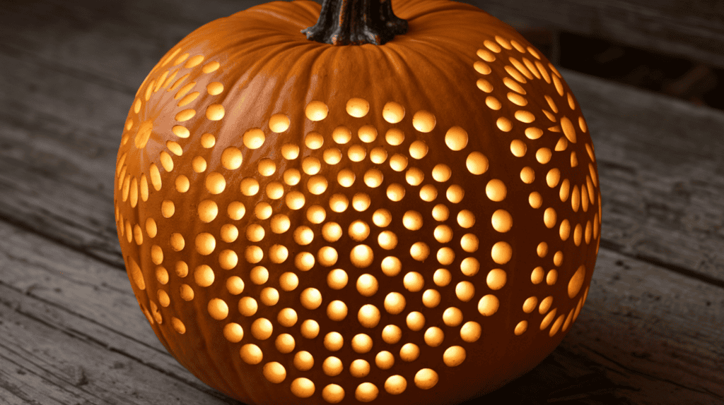 A glowing pumpkin with a carved design of various sized holes drilled in a uniform pattern. The design forms a pattern of concentric circles. The pumpkin is placed on a wooden surface. There is a warm glow emanating from the pumpkin.