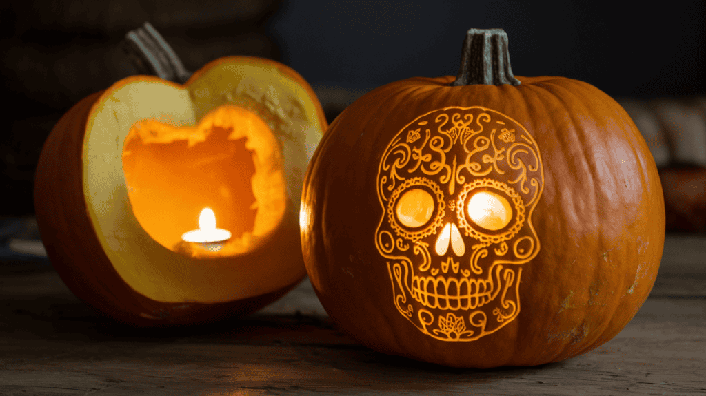 A glowing etched pumpkin with an intricate design. The pumpkin is cut in half and has a candle inside. The intricate design is etched into the pumpkin and features a skull. The pumpkin is placed on a wooden surface. The background is dark.