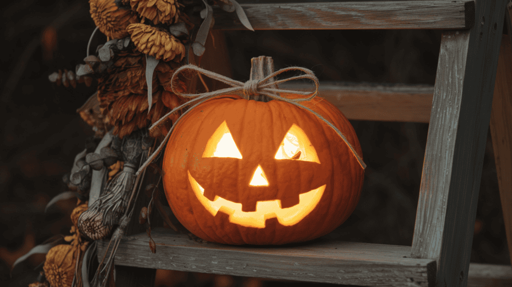 A glowing pumpkin with a carved jack-o-lantern face. The pumpkin is placed on a wooden ladder. There are dried flowers and leaves wrapped around the pumpkin. A ribbon and twine are wrapped around the pumpkin and tied in a bow. The background is dark.