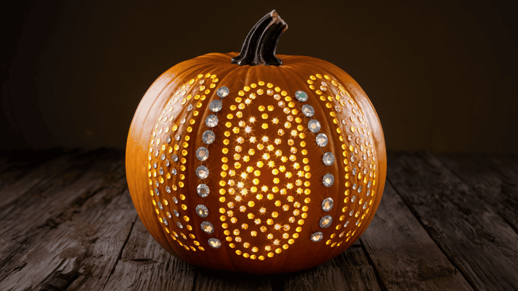 A glowing pumpkin with an intricate design made of sparkly adhesive gems. The pumpkin is placed on a wooden surface. The background is dark. The gemstones are arranged in an interesting pattern, creating a magical effect.