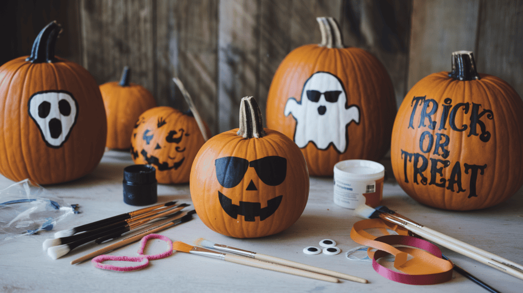 A table with materials for pumpkin painting. There are several pumpkins with various designs, including a ghost, a face with sunglasses, and a design with the text "Trick or Treat". There are multiple brushes and a container of acrylic paint. There are also decorative supplies, including googly eyes, a pipe cleaner, and a ribbon. The background is a rustic wooden wall.