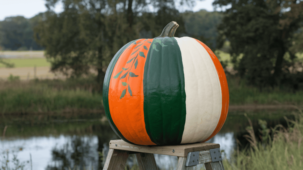 A large pumpkin painted with a color block pattern. The pumpkin is divided into vertical stripes of orange, green, and white. The orange stripe is at the front and it has a few leaves painted on it. The green stripe is in the middle. The white stripe is at the back. The pumpkin is placed on a wooden ladder. The background is a serene landscape with trees and a body of water.