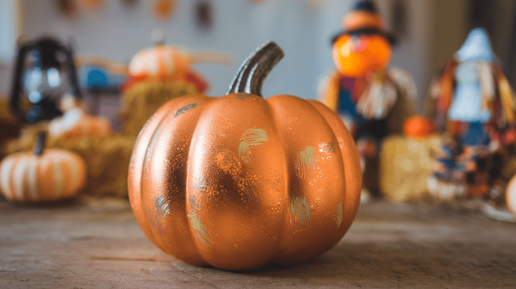 A pumpkin with a metallic finish. The pumpkin has been painted with a metallic orange finish, and the paint has been dabbed and stippled with a foam brush. The pumpkin is placed on a wooden table. The background is blurred and contains fall-themed decorations such as scarecrows, hay bales, and a lantern.