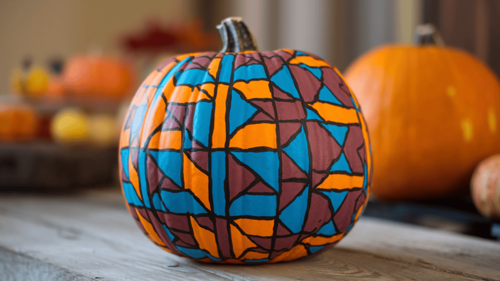 A pumpkin with a really cool geometric shapes pattern painted on it. The entire pumpkin is painted with really cool geometric shapes. The pumpkin is placed on a wooden surface. The background is blurred and contains more pumpkins and some fall decorations.
