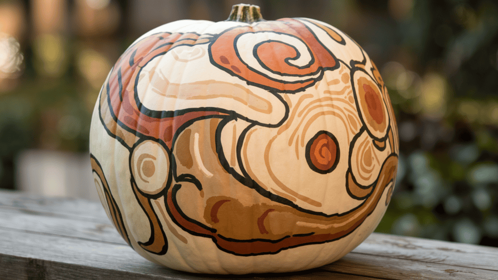 A large white pumpkin with an abstract painting of organic shapes in earth tones. The painting features swirls, circles, and lines in shades of orange, brown, and beige. The entire surface of the pumpkin is painted. The pumpkin is placed on a wooden surface. The background is blurred and contains greenery.