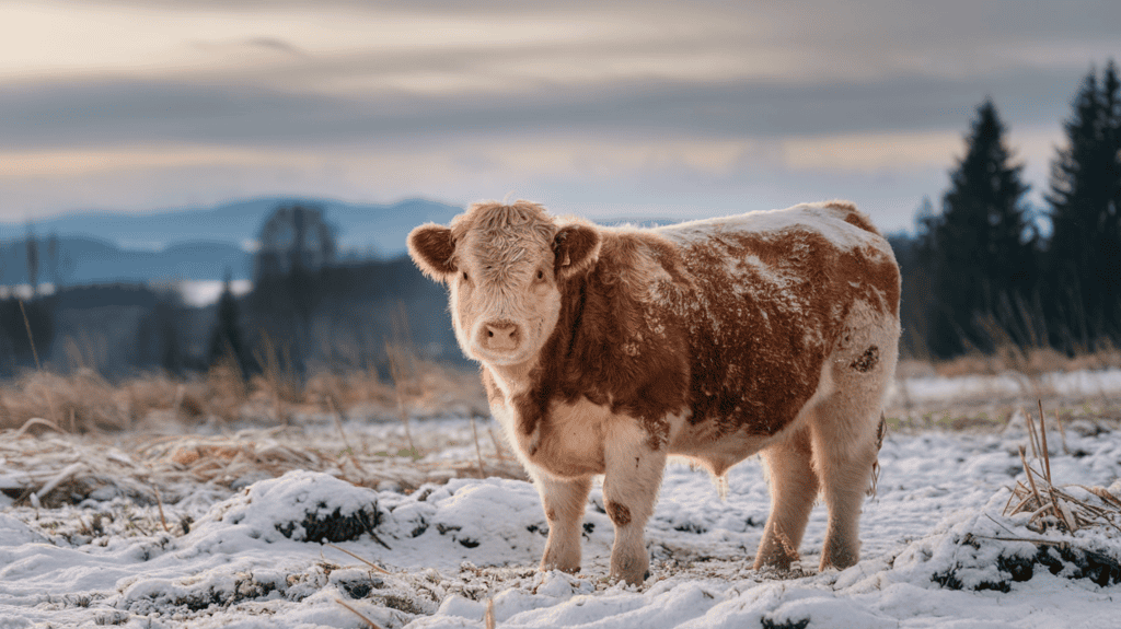 Snow-dusted fluffy cow photo in a winter wonderland setting.