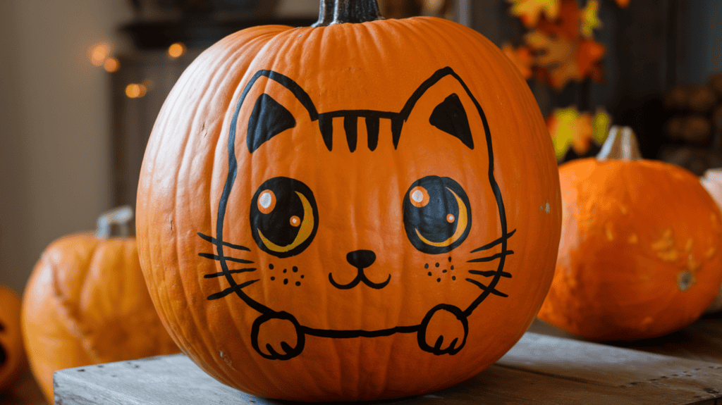 A large pumpkin with a cute cat painted on it. The cat has large eyes with gleam spots. The pumpkin is placed on a wooden surface. The background contains other pumpkins and fall decorations.