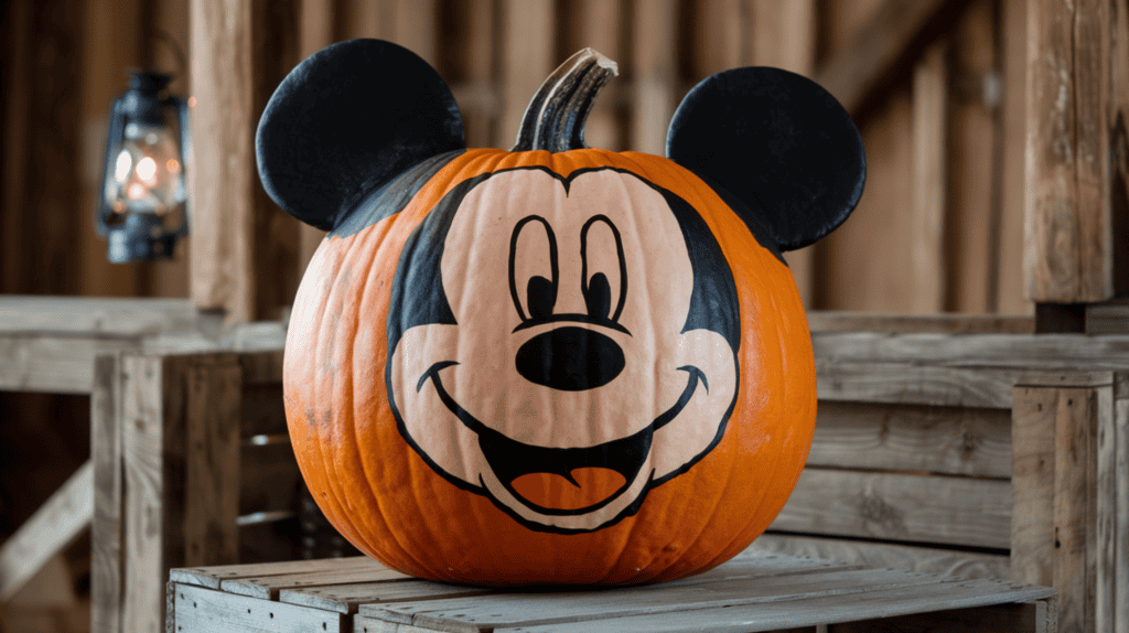 A large pumpkin with a Mickey Mouse face painted on it. The pumpkin is sitting on a wooden crate. The background is a rustic setting with wooden beams and a lantern.