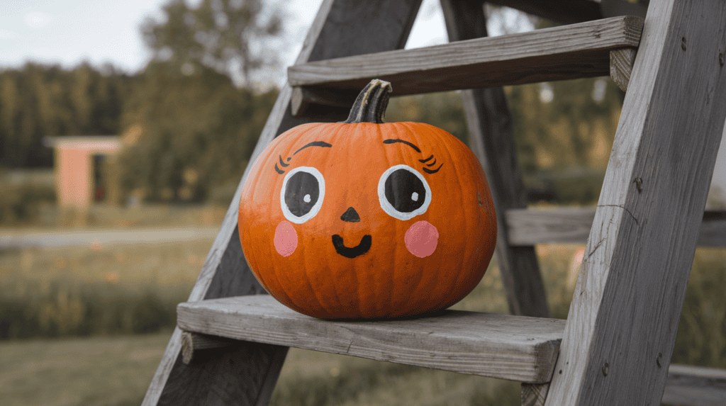 A pumpkin with a cute face painted on it. The face has oversized eyes, a small, simple nose, rosy cheeks, and a gentle U-shaped smile. The pumpkin is placed on a wooden ladder. The background is a serene landscape with trees and a building.