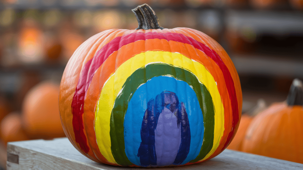 A large pumpkin with a colorful rainbow painted on it. The rainbow is painted in separate stripes. The pumpkin is placed on a wooden surface. The background is blurred and contains other pumpkins.