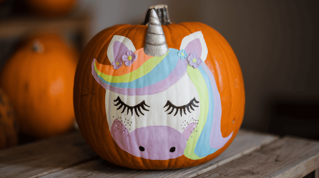 A pumpkin with a unicorn painted on it. The unicorn has a pastel rainbow mane, a metallic silver horn, long, fluttery eyelashes, sparkly cheeks, and tiny flowers for extra whimsy. The pumpkin is placed on a wooden surface. The background is blurred and contains other pumpkins. The lighting is soft.