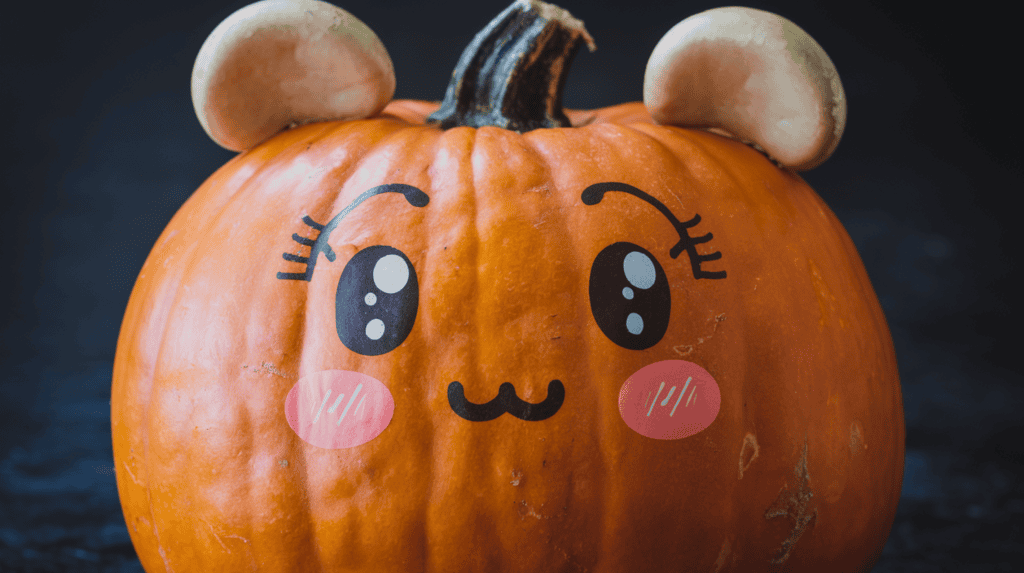 A pumpkin with a kawaii-style artwork. The pumpkin has a smiling face with big eyes, rosy cheeks, and a small mouth. There are two cute, round ears on the pumpkin's top. The pumpkin is set against a dark background.