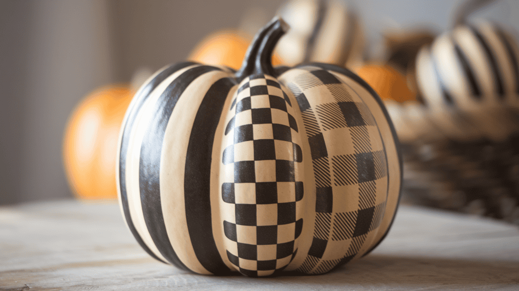 A pumpkin with a monochrome design. The pumpkin has patterns using the same color in different finishes-flat, satin, and glossy. The patterns include stripes, polka dots, and a plaid. The pumpkin is placed on a wooden surface. The background is blurred and contains more pumpkins in a basket.
