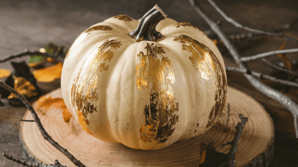 A large pumpkin painted white and decorated with elegant gold leaf. The pumpkin is placed on a wooden board. There are twigs and leaves around the pumpkin. The background is rustic.