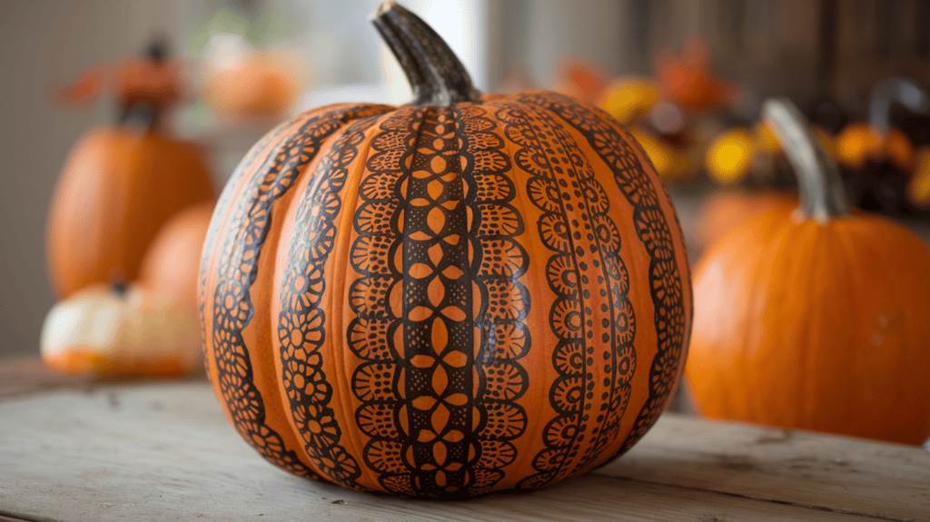 A large pumpkin with an intricate lace pattern painted on it. The pumpkin is placed on a wooden surface. The background is blurred and contains more pumpkins and fall decorations.