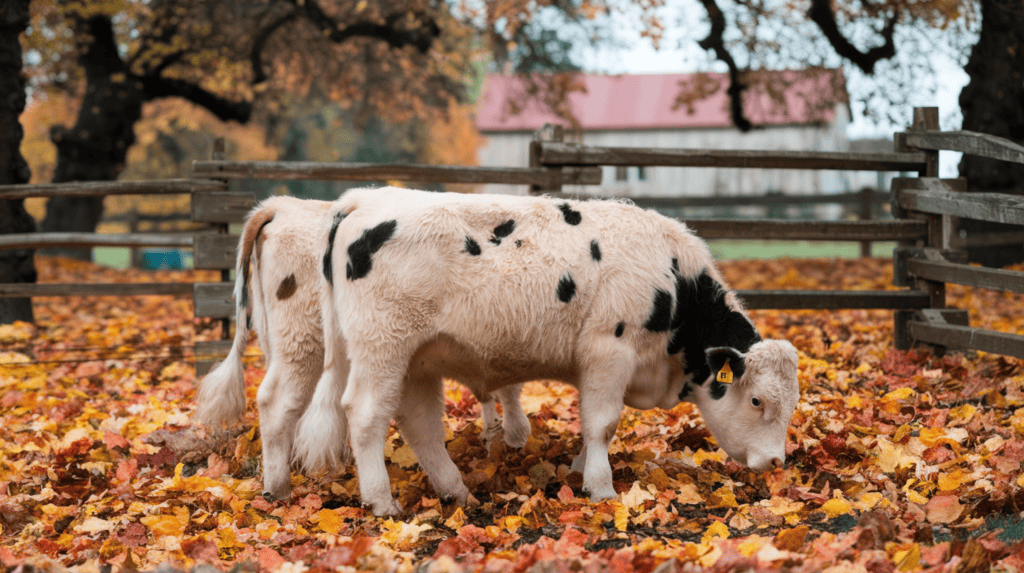 Autumn scene with fluffy cows among colorful fallen leaves.