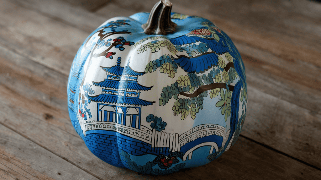 A painted pumpkin with a Chinoiserie design. The pumpkin is painted blue and white, with intricate details of Chinese architecture, such as pagodas and bridges, among greenery. The background is a rustic wooden table.